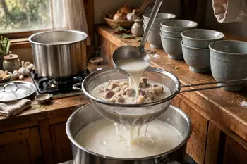 Strain the broth, pressing the solids well. Season with salt a little at a time until it tastes round and savory. Keep at a bare simmer.